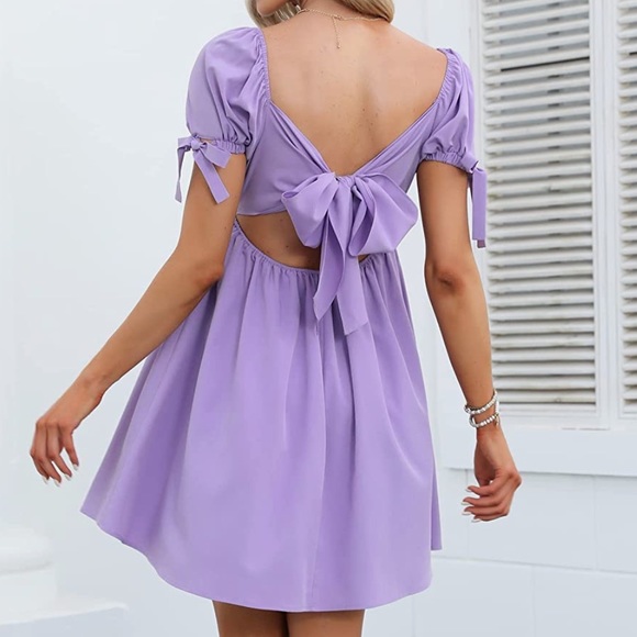 EXLURA Square Neck Backless Tie Back Short Puff Sleeve Babydoll Dress - Picture 2 of 6